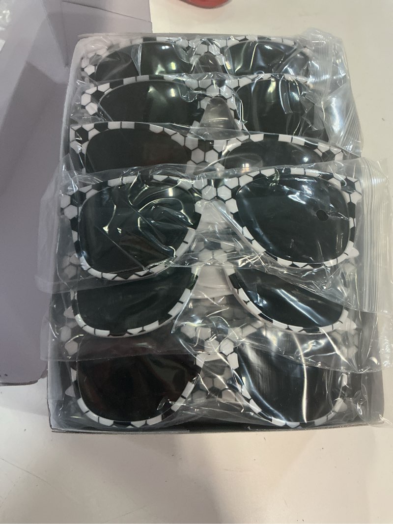 Condition photo showing New/Like New for chunnin 16 pack soccer sunglasses white black frame sunglasses bulk for soccer party favors sports plastic glasses for team gifts birthday goodie bags stuffers sports theme party supplies favors