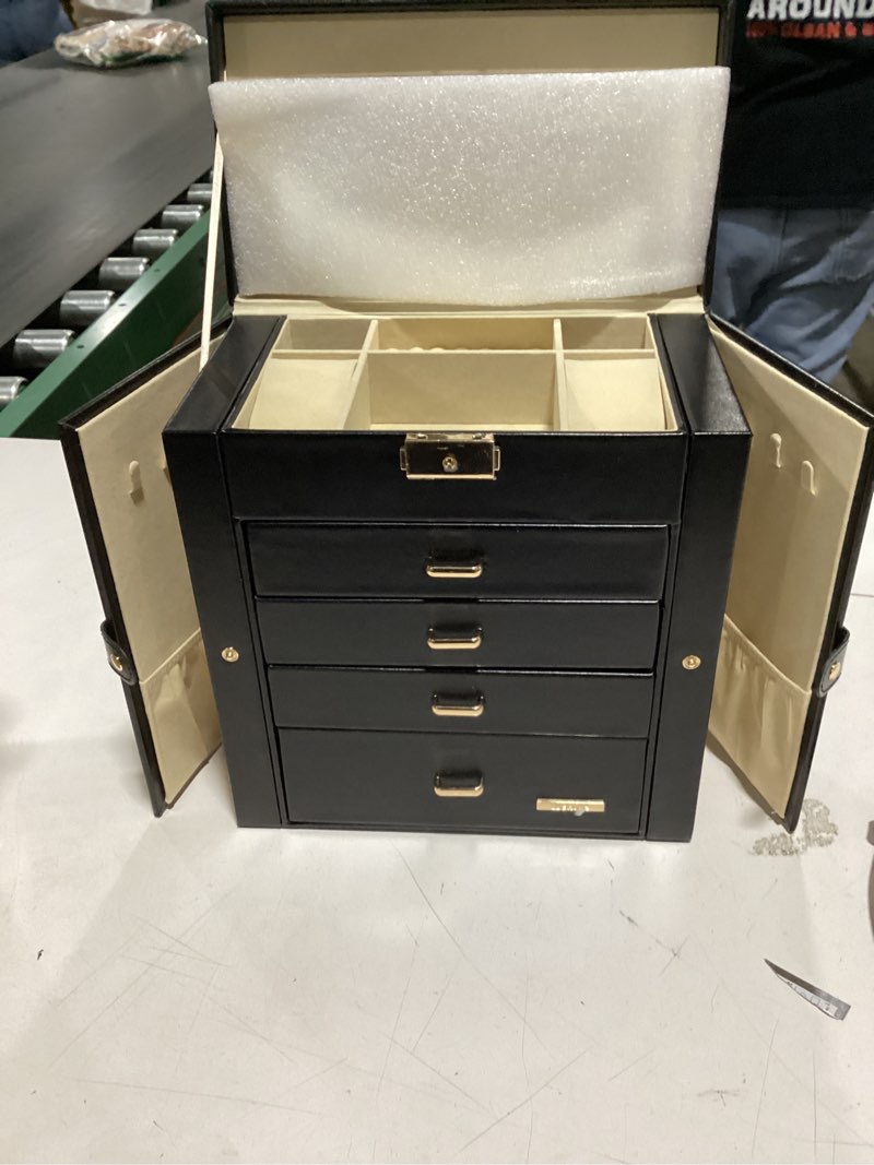 Condition photo showing New/Like New for Homde Christmas Gifts Synthetic Leather Huge Jewelry Box Mirrored Watch Organizer Necklace Ring Earring Storage Lockable Gift Case (Black + Gold)