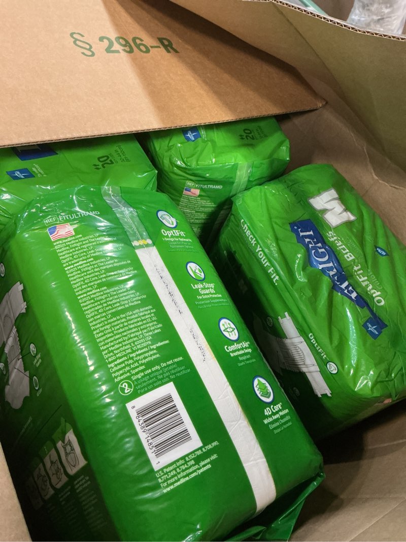 Condition photo showing New/Like New for fitright adult diapers, ultra heavy absorbency, m (waist size 32in-44in), 80 count, optifit incontinence briefs for men and women, disposable, moisture-wicking, leak protection,