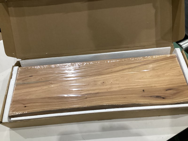 Condition photo showing Good Condition for floating shelves set of 2, solid elm wood wall shelves 24 inch - invisible bracket mount for living room, bedroom, kitchen, bathroom - natural clear natural live edge, 24"l, 2packs
