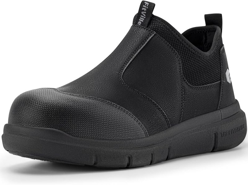 FitVille Extra Wide Men's Slip on Composite Toe Shoes Safety Toe Work Shoes for Men Puncture Proof 11.5 Wide Silver Grey