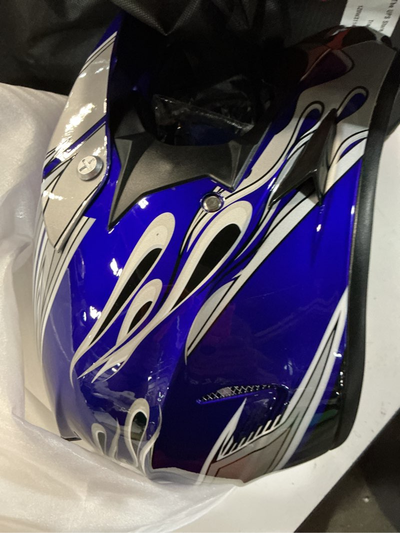 Condition photo showing New/Like New for oumurs adult motocross dirt bike helmet with goggles, gloves & mask dirt bike atv helmet for unisex-adult men women adjustable sun visor dot/fmvss-218 off-road motorcycle helmet utv helmet downhill new blue flame medium