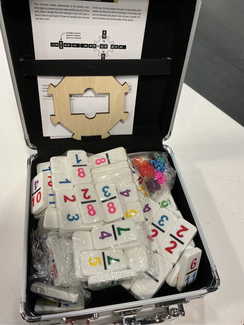 Condition photo showing Good Condition for queensell mexican train dominoes set with numbers, double 12 dominoes sets for adults, mexican domino train for adults and family - domino sets 91 tiles with aluminum case double 12 numbers