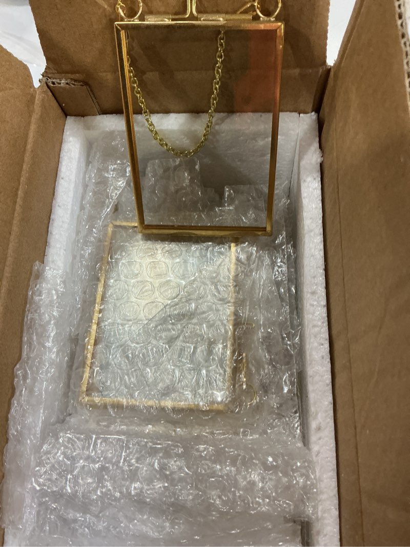 Condition photo showing New/Like New for kigley double glass frame for pressed flowers floating hanging photo frame gift for graduation mother's day 3.5 x 2.5 in brass clear decor with chain for display gallery artwork(gold,20 pcs) gold 20