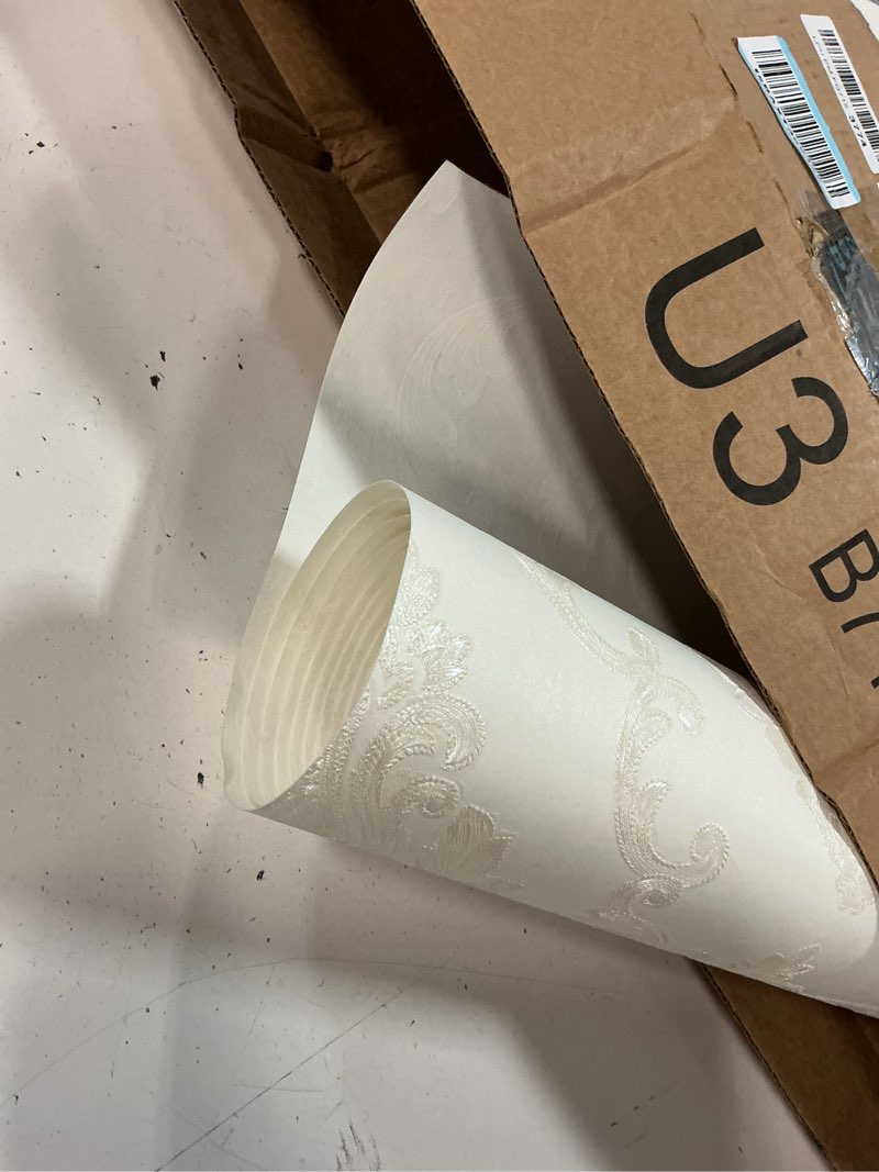 Condition photo showing As Is for cream white damask decorative textured floral wallpaper non-woven wall paper home decoration,20.8 in x 393.00 in [ not peel and stick ] 20.8" x 393"