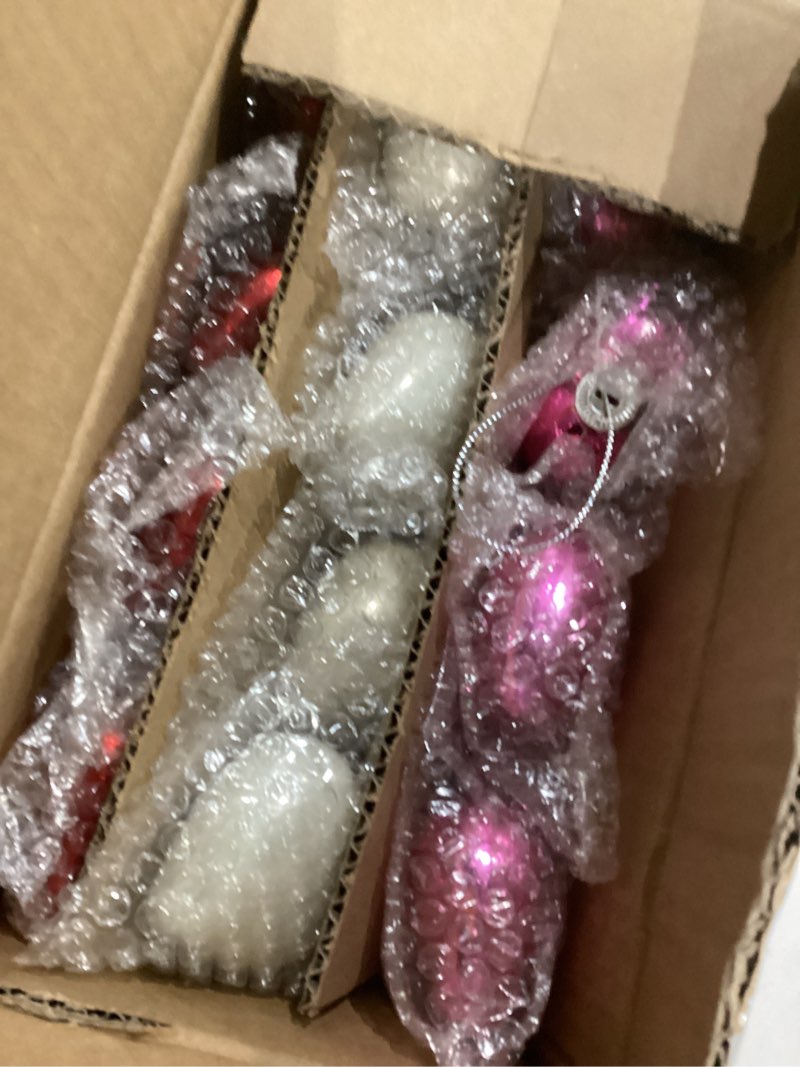 Condition photo showing Good Condition for Lillian Vernon Shiny Glass Hearts Valentines Ornaments - 12 Piece Set, Blown Glass, Handcrafted Hanging Tree Decorations, Valentine's Day Holiday & Party Decor, 2" Tall Heart, Red, White & Pink