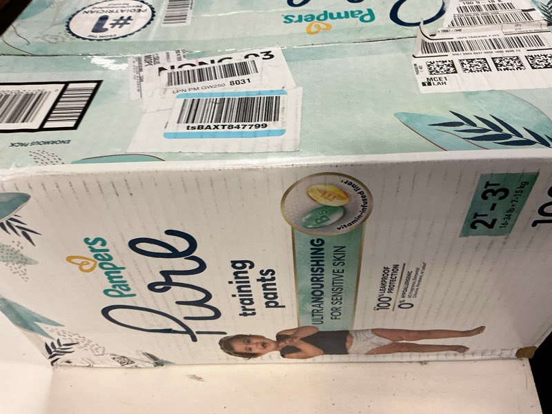 Condition photo showing New/Like New for pampers pure protection training underwear, unisex, size 2t3t, 100 count, premium, hypoallergenic, soft, absorbent 2t-3t 100