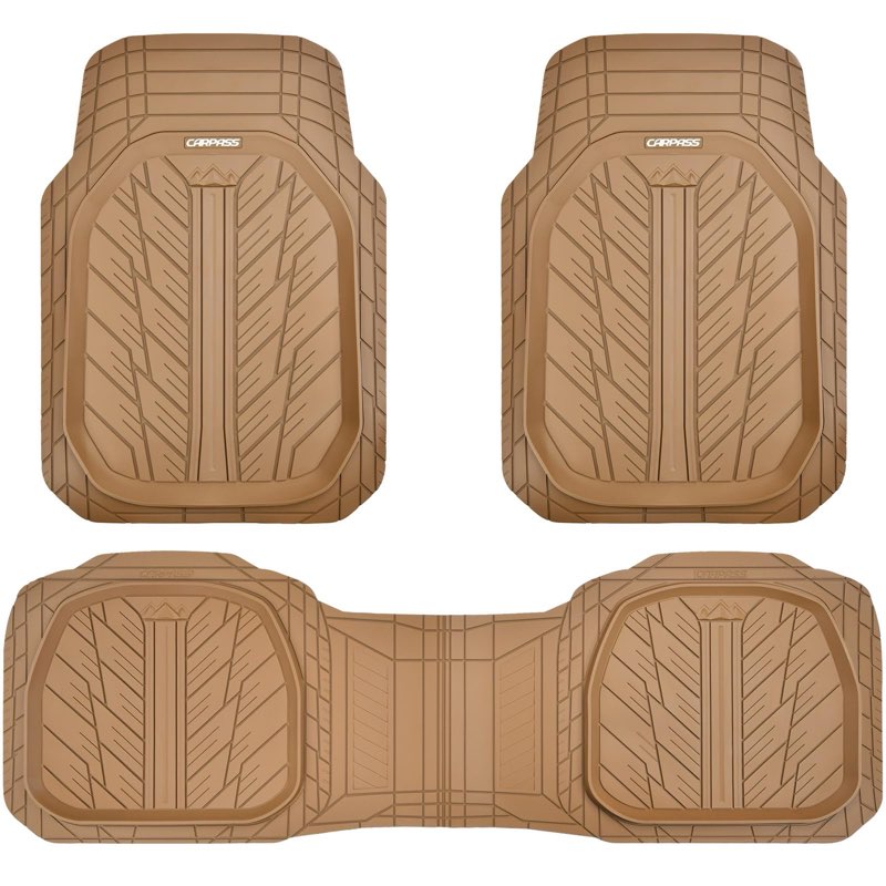 CAR PASS Tire Tread DeepDish Rubber Floor Mats for car Heavy Duty car mats All Weather, Universal XL~M Trim to Fit for Truck SUV Vehicle Automotive, Waterproof car mats 3 Piece Solid Beige