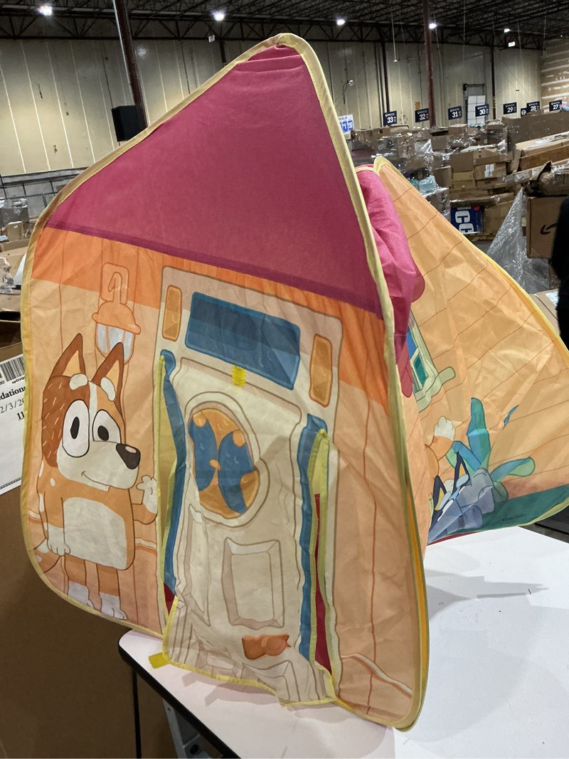 Condition photo showing As Is for pop n fun bluey pop-up tent, multicolor easy storage pop up play tent with roll-up door & peep window, indoor/outdoor toddler playhouse for