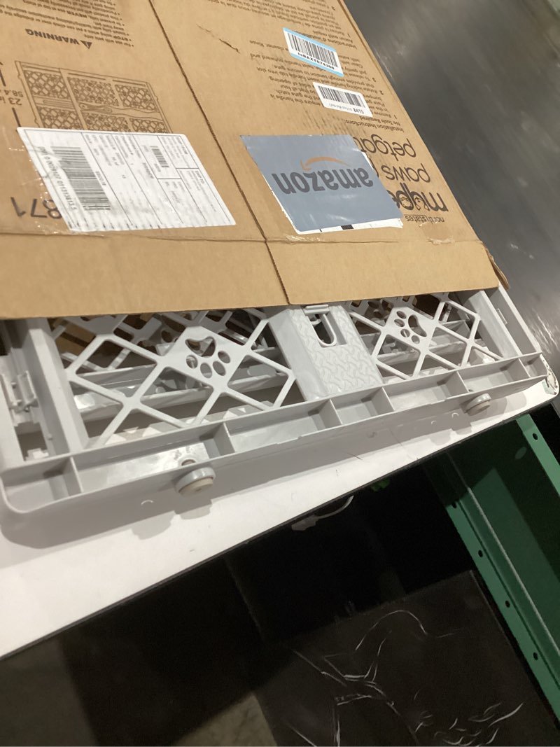 Condition photo showing As Is for mypet north states paws portable pet gate: 26-40" wide. pressure mount. no tools needed. made in usa. dog gate 23" tall, expandable, durable dog gates for doorways, light gray