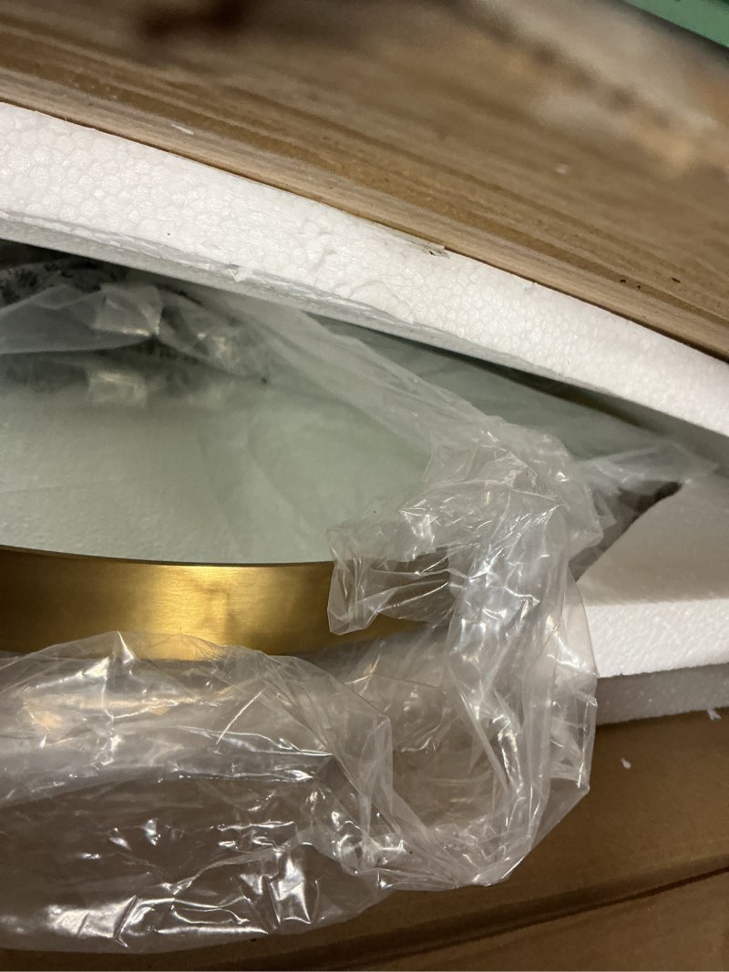 Condition photo showing New/Like New for andy star brass scalloped arched wall mirror, 22x35 brushed gold irregular bathroom mirror with curved design for vanity, powder room, fireplace, mantel, stainless steel frame brushed gold 35"l x 22"w