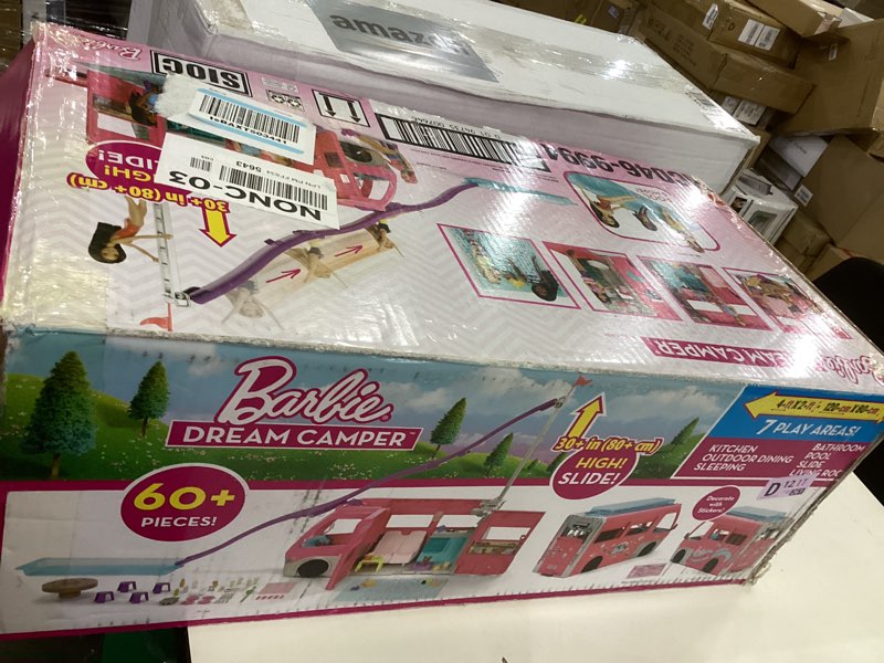 Condition photo showing As Is for Barbie Camper, Doll Playset with 60 Accessories, 30-Inch-Slide and 7 Play Areas, Dream Camper
