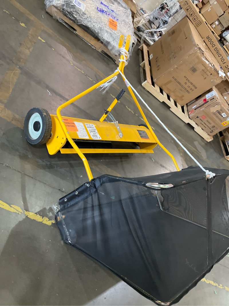 Condition photo showing As Is for 48" lawn sweeper tow behind pull behind grass sweeper w/25.16 cu.ft large hopper