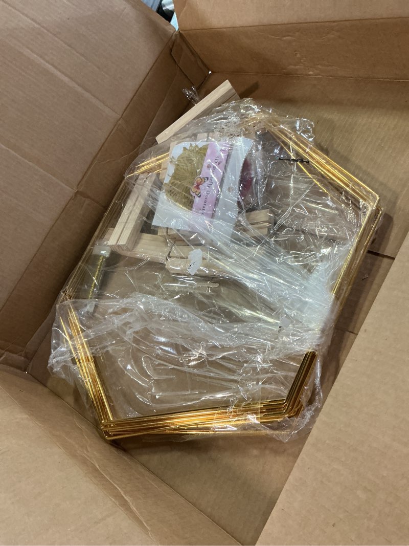 Condition photo showing Good Condition for 12 pack hexagonal floral hoops with stand 16 inch metal rings for diy centerpiece table decorations crafts macrame ring hoops dream catcher rings wedding birthday wreath craft hoops with holder, gold 16 inches gold