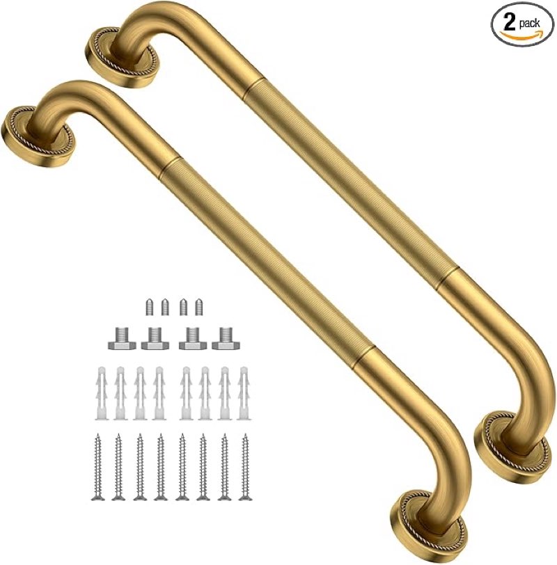 2 pack 20 inch anti slip bronze shower grab bar polished gold,zuext antique brass bathroom grab bar, knurled balance bar,safety hand rail support handicap elderly injury senior assist bath handle