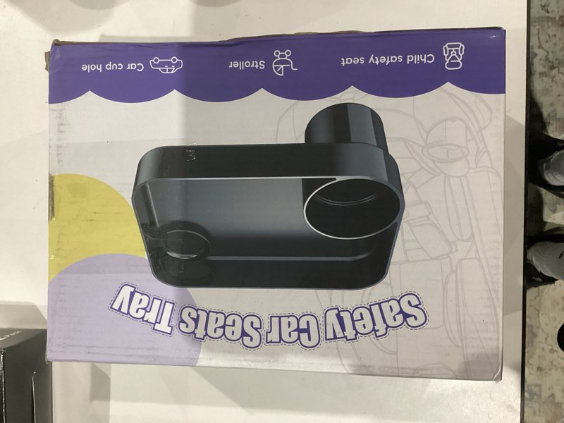 Condition photo showing As Is for car seat snack tray for toddlers - 3 inch cup holder fits most sippy cups & straw bottles with dip well, mess-free square kids travel tray road trip essentials, black black 1