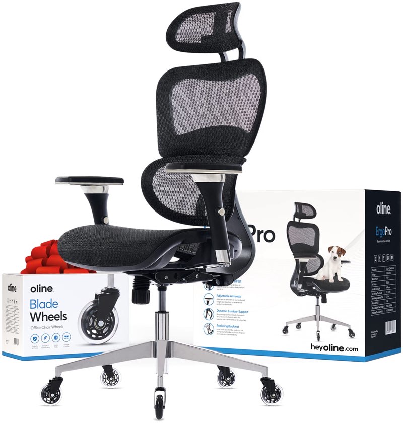 oline ergopro ergonomic office chair, rolling desk chair with 4d adjustable armrest, 3d lumbar support, blade wheels, mesh computer gaming executive swivel chairs chair (black)