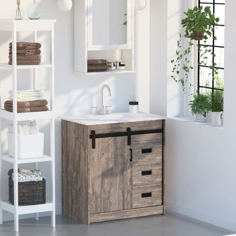 single bathroom vanity sink with sliding barn door & 3 drawers