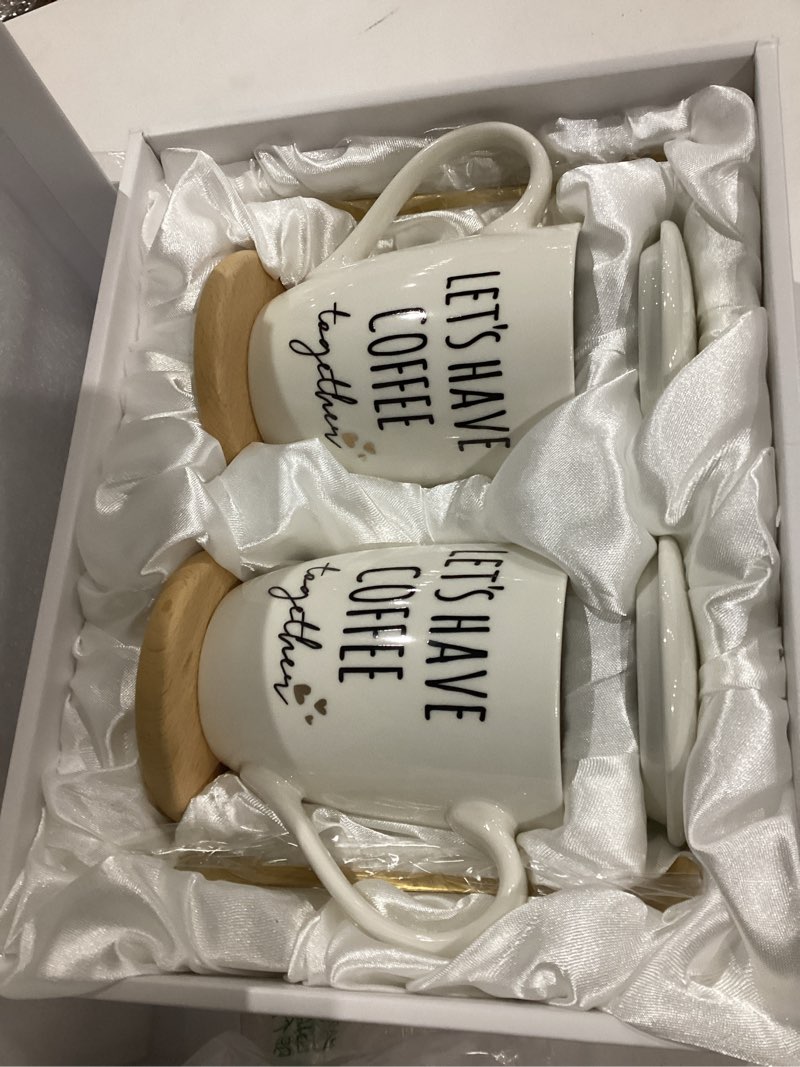 Condition photo showing Good Condition for AW BRIDAL Ceramic Engagement Gifts For Couples Newly Engaged Unique Coffee Mugs Set Of 2, 12 Oz| Bachelorette Bridal Shower Gift For Bride, Anniversary Wedding Gifts For Couple Housewarming Gift Ideas Lets Have Coffee
