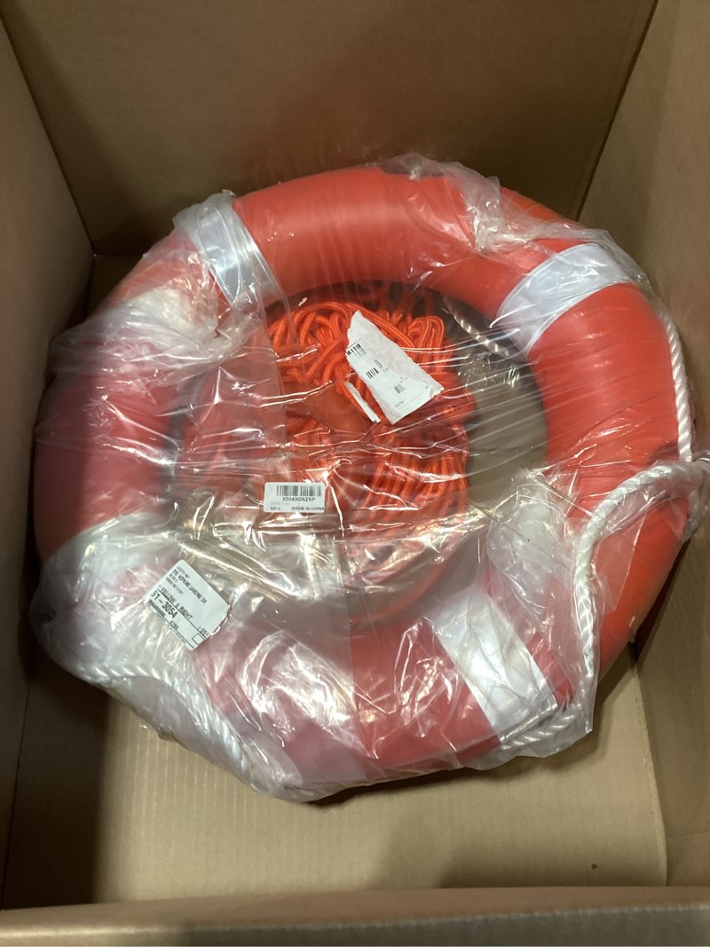 Condition photo showing Good Condition for life preserver ring 23"/28", boat safety throw rings with bracket, orange buoy with rope 98.5 ft and reflective tape for boat 23 inch with rope