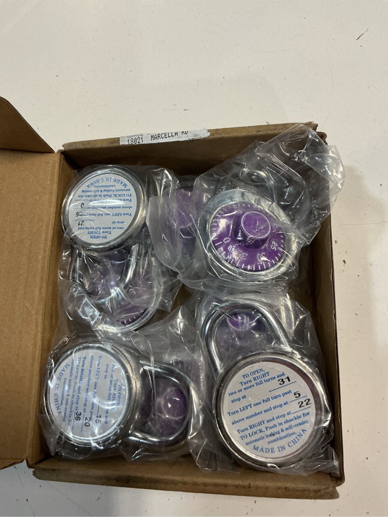 Condition photo showing Good Condition for combination lock, lqyn dial combination padlock, pack of 8; purple | 2 in wide combo lock with preset 3-digit code, for school, gym & locker, toolbox, gate 8 pack purple