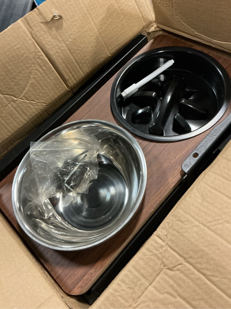 Condition photo showing Good Condition for adengl elevated dog bowls with slow feeder - 9 heights adjustable raised dog bowl stand with two 1.7l stainless steel dog food bowls & slow feeder and a nonslip pad, perfect for medium large breed large dogs black, slow feeder with black mat