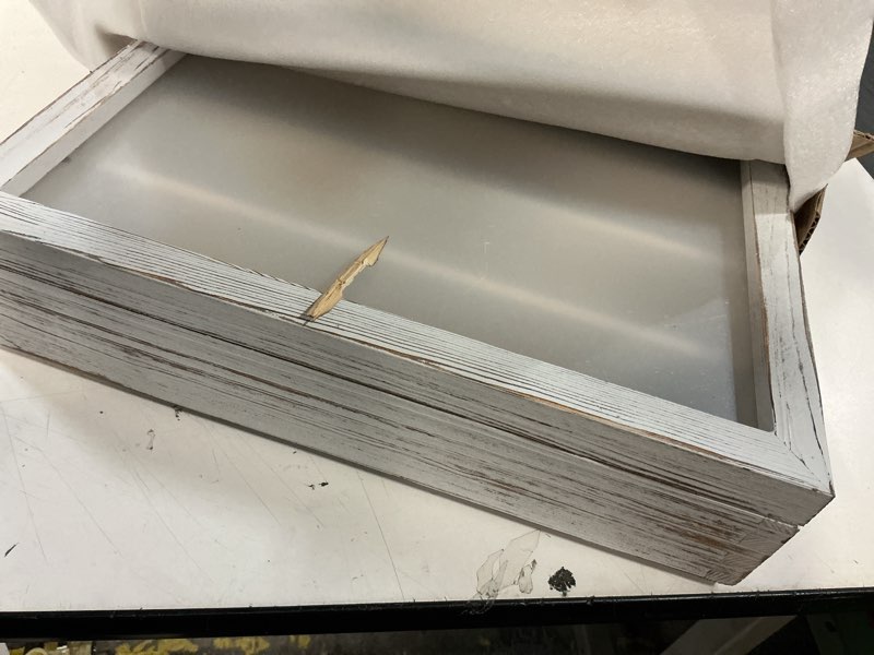 Condition photo showing As Is for White Shadow Box Frame 16x20 Shadow Box with Shelves 2.6" Interior Depth Memorial Shadow Box Display Case with Linen Back for Handicrafts,Picture Frames,Medals,Coins,Pins Collection and More White 16x20