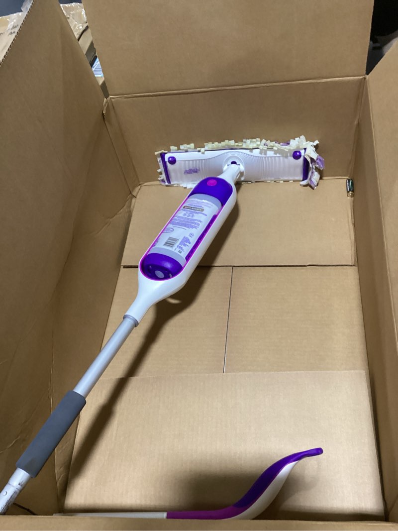Condition photo showing As Is for swiffer powermop multi-surface mop kit for floor cleaning, includes powermop, 2 mopping pad refills, 1 cleaning solution with fresh scent and 2 batteries purple and white