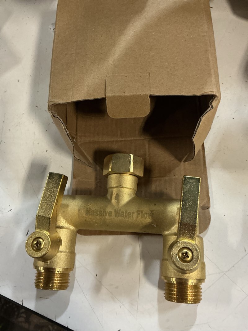 Condition photo showing New/Like New for hose splitter 2 way heavy duty, solid brass full flow outdoor faucet and garden hose splitters, water spigot splitter t adapter, all metal water connector with shut-off valve, 3/4 - inch ght thread brass 2 way
