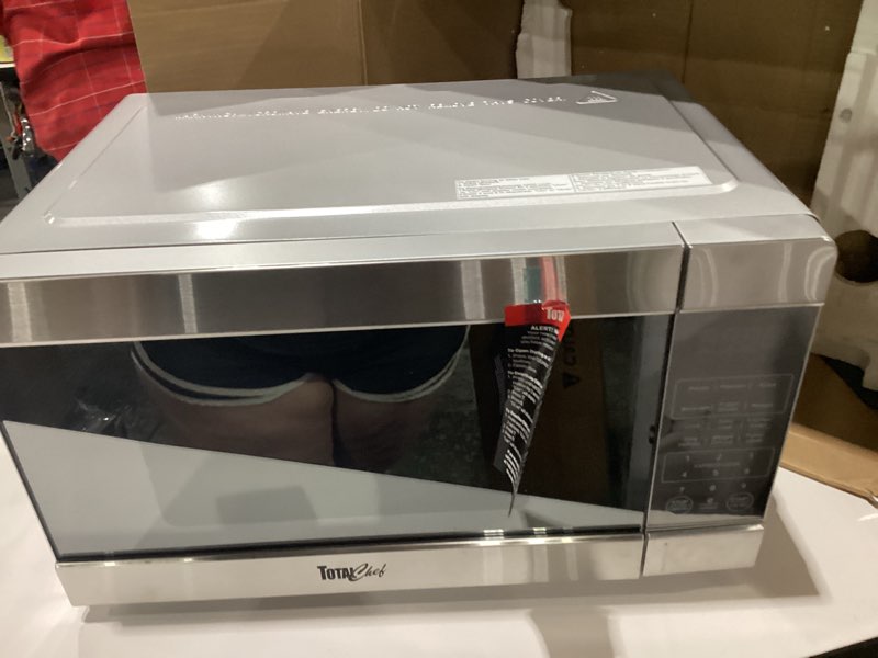 Condition photo showing As Is for door not opening total chef 0.9 cu ft microwave oven – compact countertop kitchen appliance, small stainless steel microwave with digital touch, pre-set functions, 10.6” turntable, 900 watt