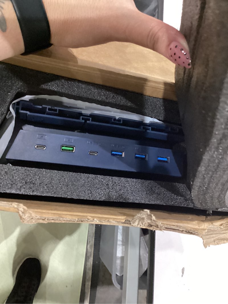 Condition photo showing Good Condition for vaydeer all-in-one dual monitor stand riser with 2 drawers, 8usb ports and wireless charging pad with led light strip for 2 monitors , desk organizer for pc, imac (metal, 39.3 inches) dark blue