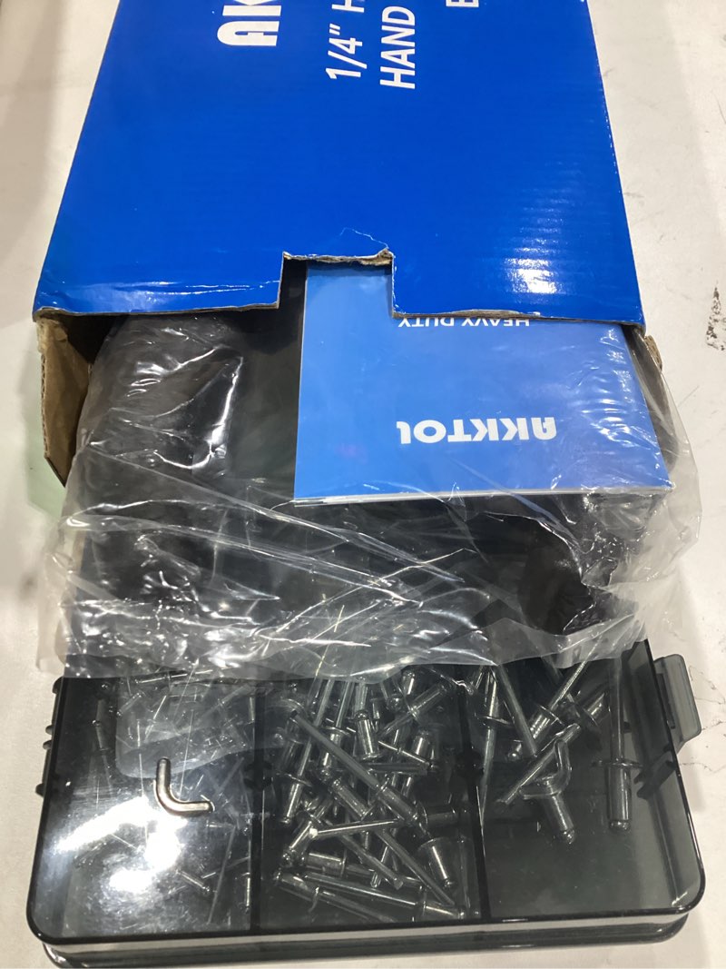 Condition photo showing New/Like New for AKKTOL Rivet Gun Kit, 1/4" Pop Rivet Gun Kit with 210pcs Blind Rivets, Heavy Duty 13" Rivet Gun Tool with 5 Nosepieces incl. 3/16" & 1/8" for Metal, Gutter & Automotive blue