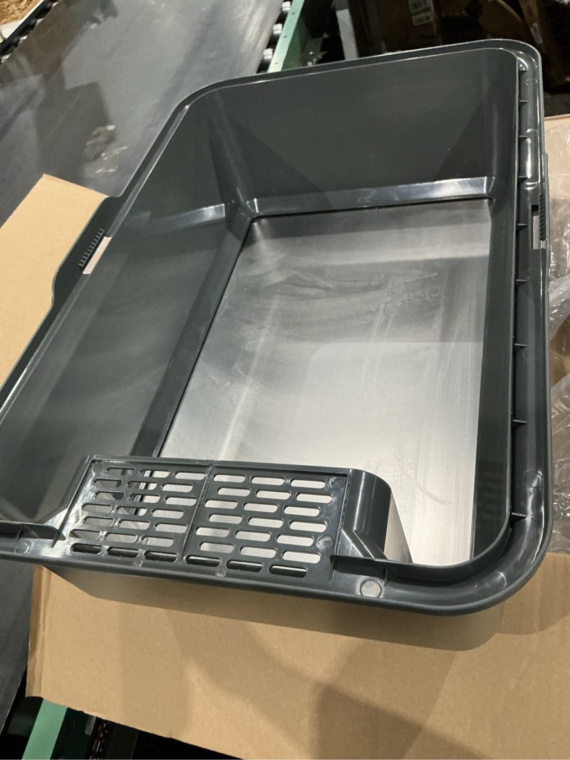 stainless steel litter box with high sides, xl high sided cat litter pan, open top extra large metal cat litter box, non-stick, odor free, leakproof, scoop included, gray