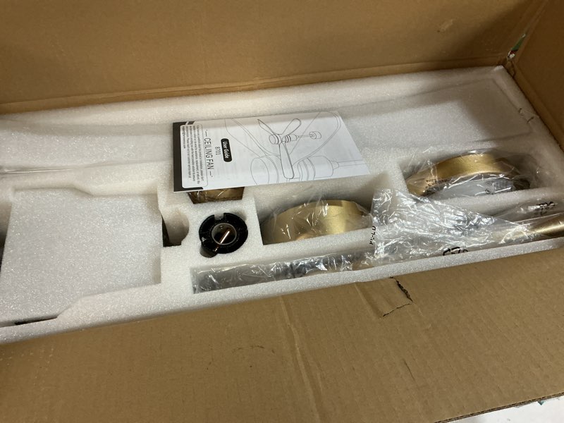 Condition photo showing New/Like New for 60 Inch Ceiling Fans with Lights 3 Downrods, Outdoor Ceiling Fan for Patios with Remote Control, ETL Listed, 3 Blades Wood Ceiling Fans Reversible Quiet Dc Motor For Indoor Bedroom Farmhouse Walnut Wood 60 inch