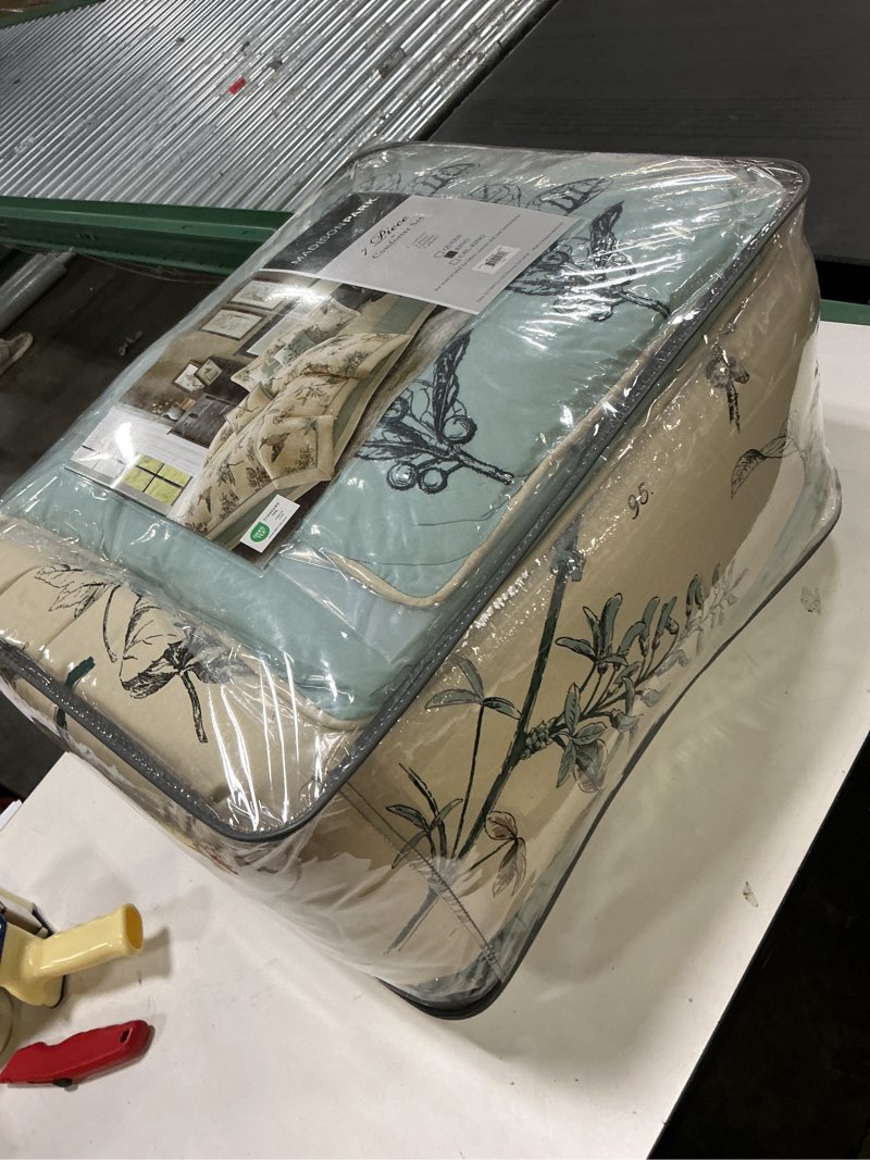 Condition photo showing New/Like New for Madison Park Quincy Cozy Comforter Nature Scenery Design - All Season Bedding, Matching Bed Skirt, Decorative Pillows, Quincy, Leaf & Bird Khaki King(104"x92") 7 Piece