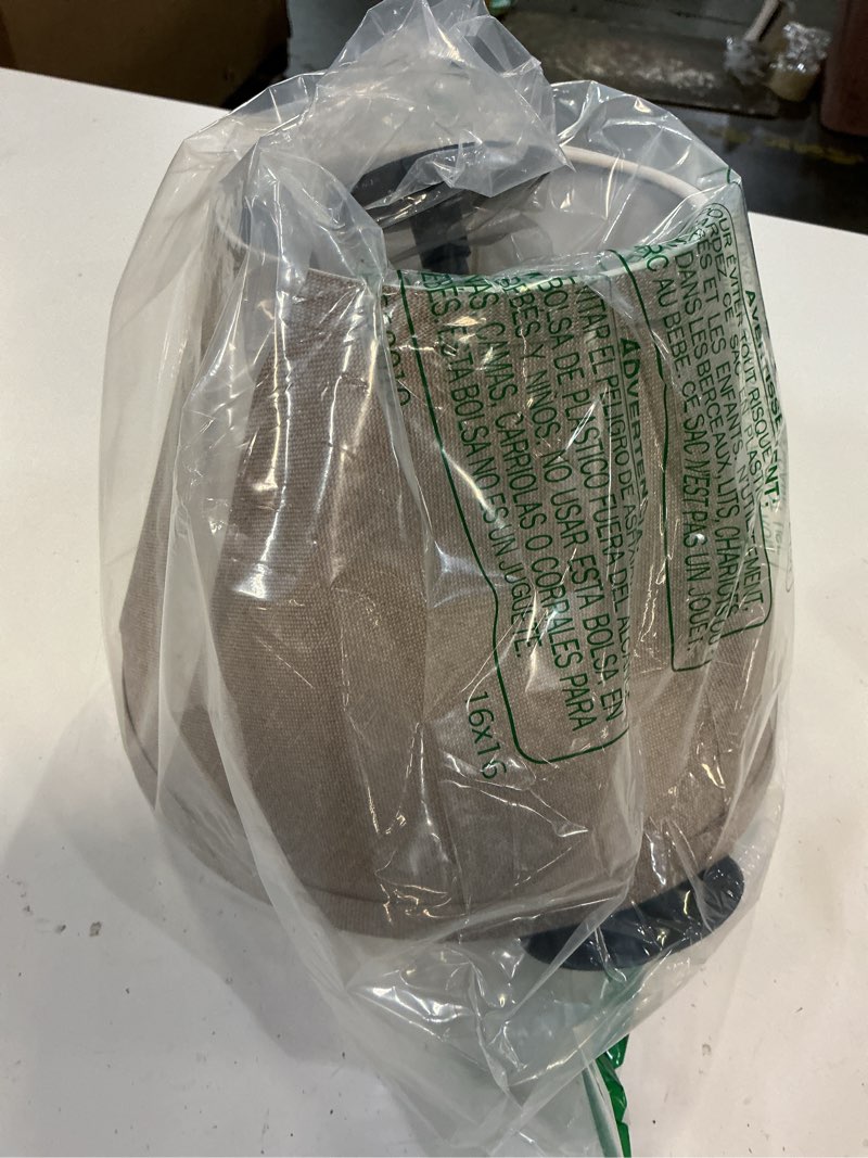 Condition photo showing Good Condition for aspen creative 56028, empire uno lamp shade in medium brown burlap textured fabric, 5" top x 9" bottom x 7" slant height, slip uno 33mm