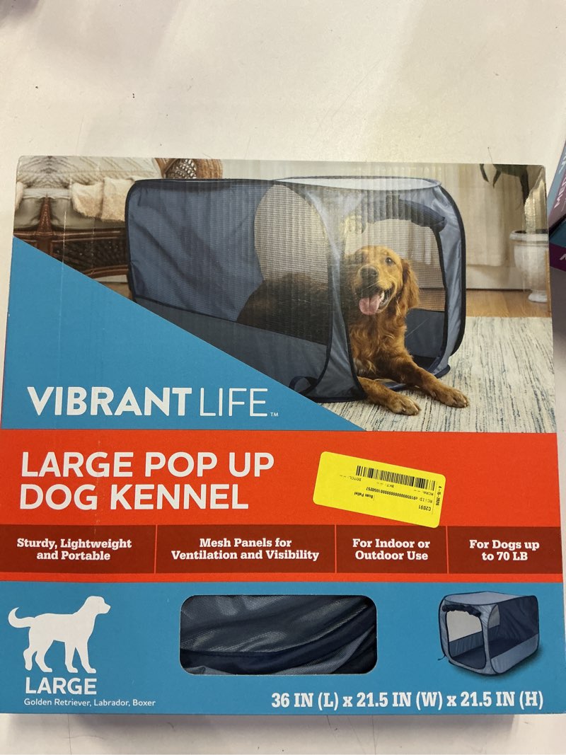 Condition photo showing New/Like New for vibrant life soft-sided pop open dog kennel, blue, large