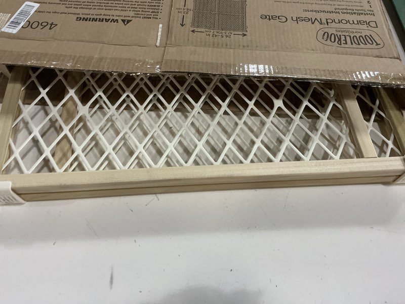 Condition photo showing As Is for toddleroo by north states - diamond mesh wooden baby gate: pressure mounted baby gate for doorways - adjustable 26.5 to 42 inches wide - 23 inches tall