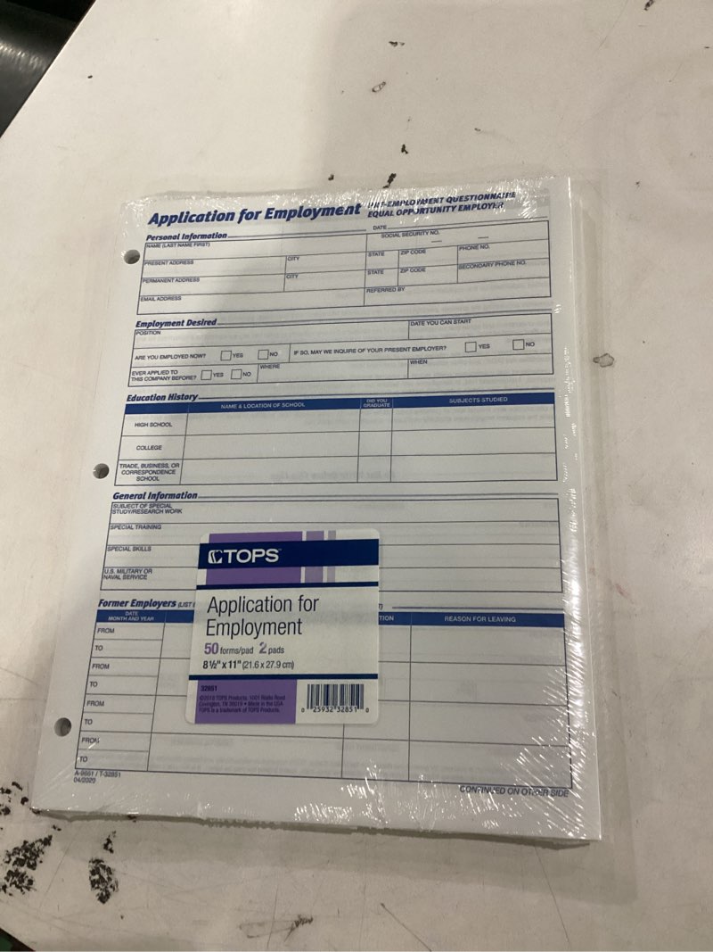 Condition photo showing New/Like New for tops 32851 employee application form, 8-3/8 x 11, 50 forms/pad, 2 pads/pack