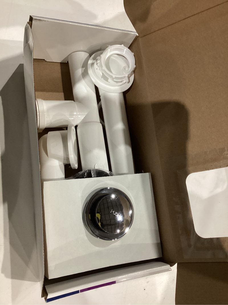 Condition photo showing As Is for dearborn 1-1/2-in polished chrome touch-toe white/polished chrome toe-touch drain with pvc