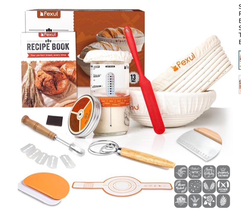 Sourdough Starter Kit with 9” Round & 10” Oval Banneton Bread Proofing Baskets, 24oz Starter Jar, Re