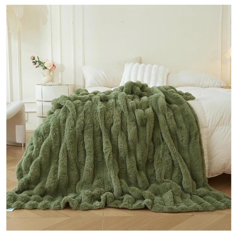 mego fluffy faux rabbit fur throw, luxury ribbed stripe plush fuzzy blanket for bed couch sofa chair, ivory shaggy throw bedroom living room, furry blanket for kids girls teens adults, 50x60, green  50\\\"x60\\\" green