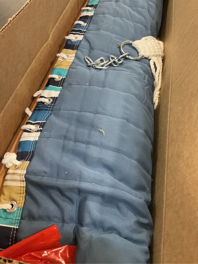 Condition photo showing New/Like New for Quilted Fabric Double Hammock with Pillow, Heavy Duty Hardwood Spreader Bar, Hammocks for Outside, 450-pound Capacity, Hamacas Para Adultos for Patio/Garden/Yard/Pool/Beach, Blue Stripe