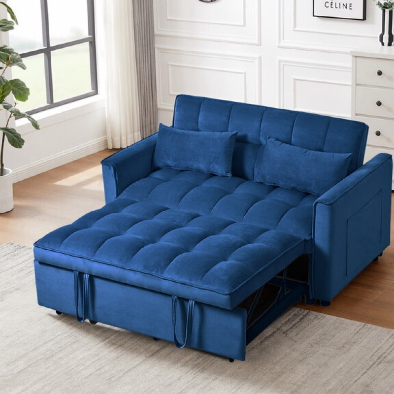 (Incomplete) 3 in 1 Convertible Sleeper Sofa Bed, Modern Pull Out Couch Bed, Adjustable Backrest, Velvet Loveseat Futon Sofa with Pillows & Pockets for Living Room Apartment, Blue W2121P218083