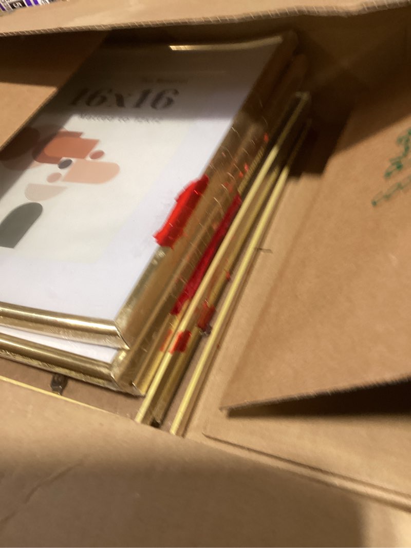 Condition photo showing As Is for Fun Memories 16x16 Picture Frame Set of 6, Display 12x12 With Mat or Without Mat, Poster Frames With HD Plexiglass, Wall or Tabletop Display, Wall Hook Included, Gold Gold 16x16-6P