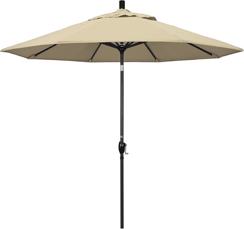 california umbrella 9' round aluminum market umbrella, crank lift, push button tilt, black pole, sunbrella antique beige