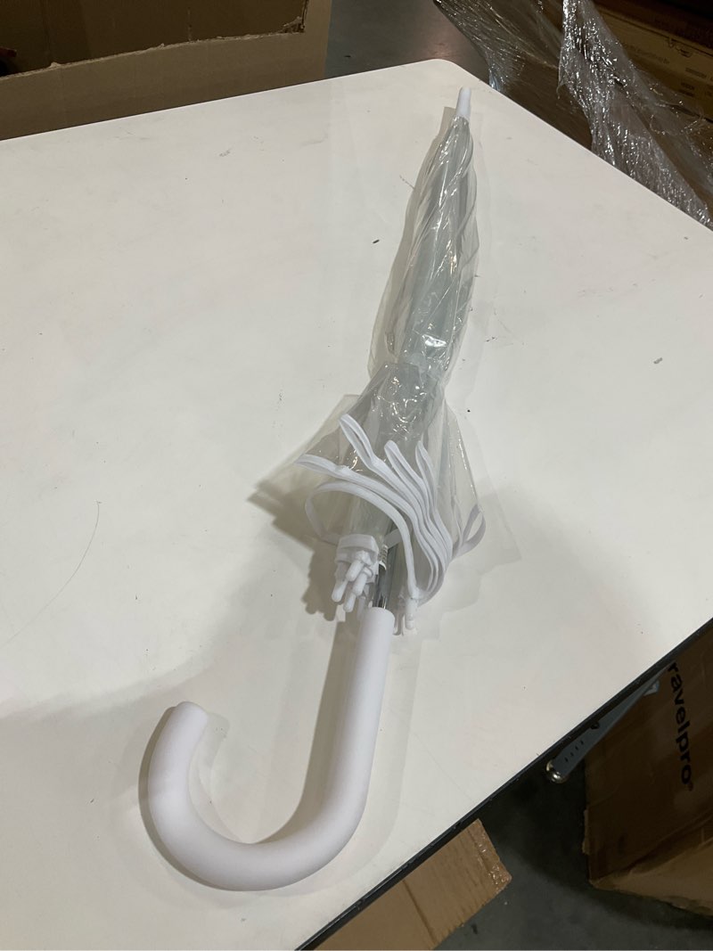 Condition photo showing As Is for adult clear bubble rain umbrella with dome canopy and lightweight wind and rain protection white 52 inch arc