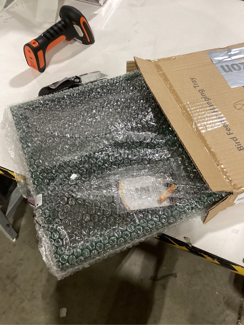 Condition photo showing Good Condition for MIXXIDEA Bird Feeder Hanging Tray, Bird Feeders for Outdoors, Wooden Seed Tray Platform Mesh Seed Platform for Garden Yard Outside Decoration Attracting for Wild Birds (Green-1pk)