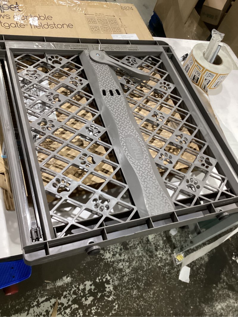 Condition photo showing As Is for mypet north states paws portable pet gate: 26-40" wide. pressure mount. no tools needed. made in usa, 23" tall, expandable, durable dog gates for doorways, fieldstone gray