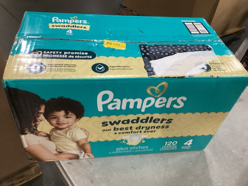 Condition photo showing New/Like New for pampers swaddlers diapers, size 4 (15-34 lbs), 120 count, absorbent, keeps baby dry and comfortable, skin safe disposable baby diaper (packaging may vary) size 4 120